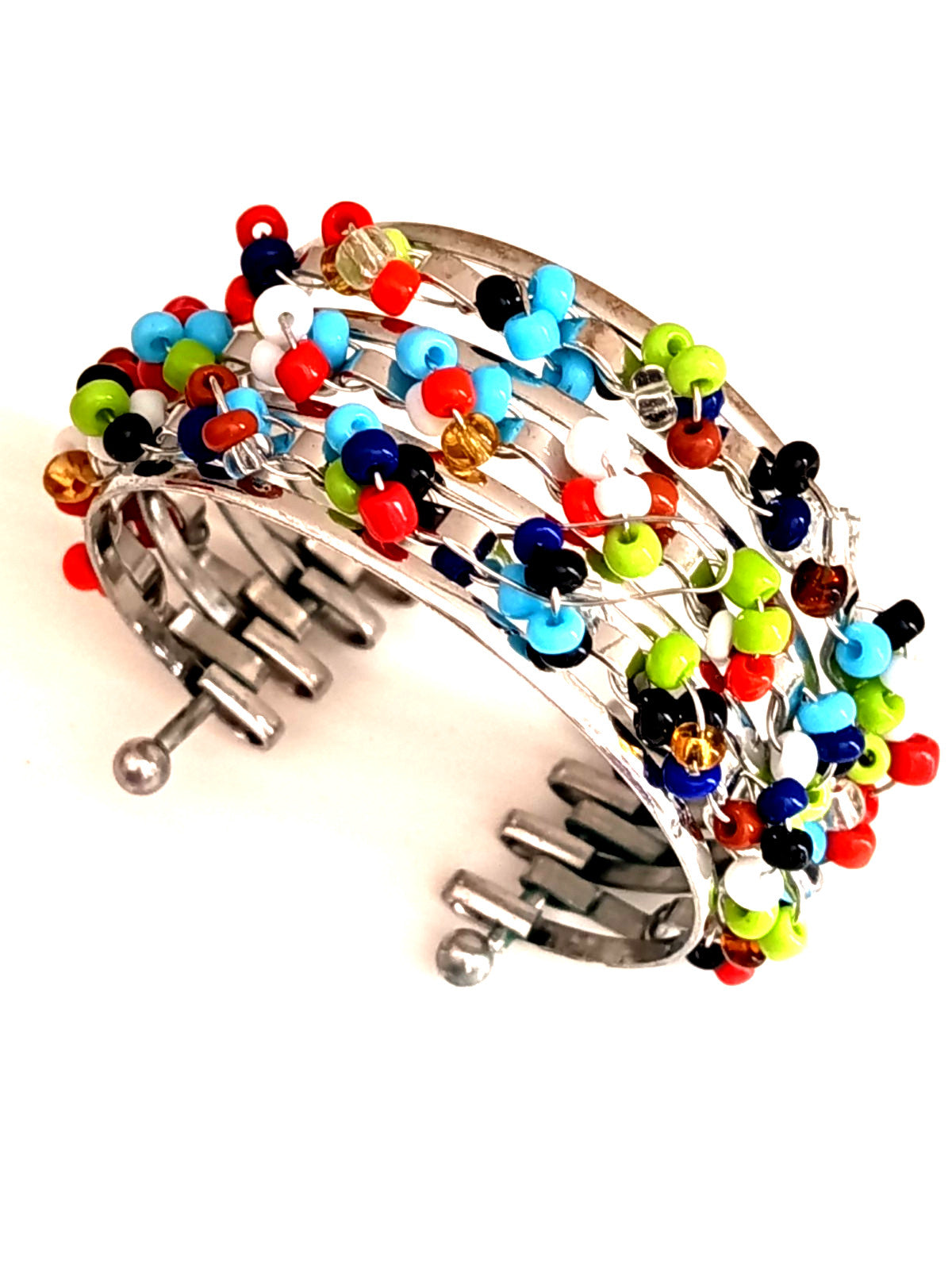 ✨🌺Bracelet Manchette "Arlequin" – Multi-rangs de Perles de Rocaille et Métal Argenté