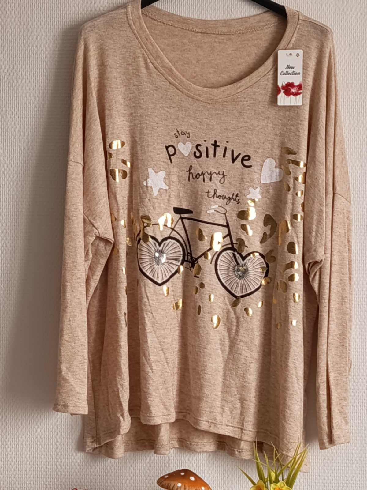Pull fin avec 30% de laine, beige chiné, avec imprimé vélo, taille 54/56