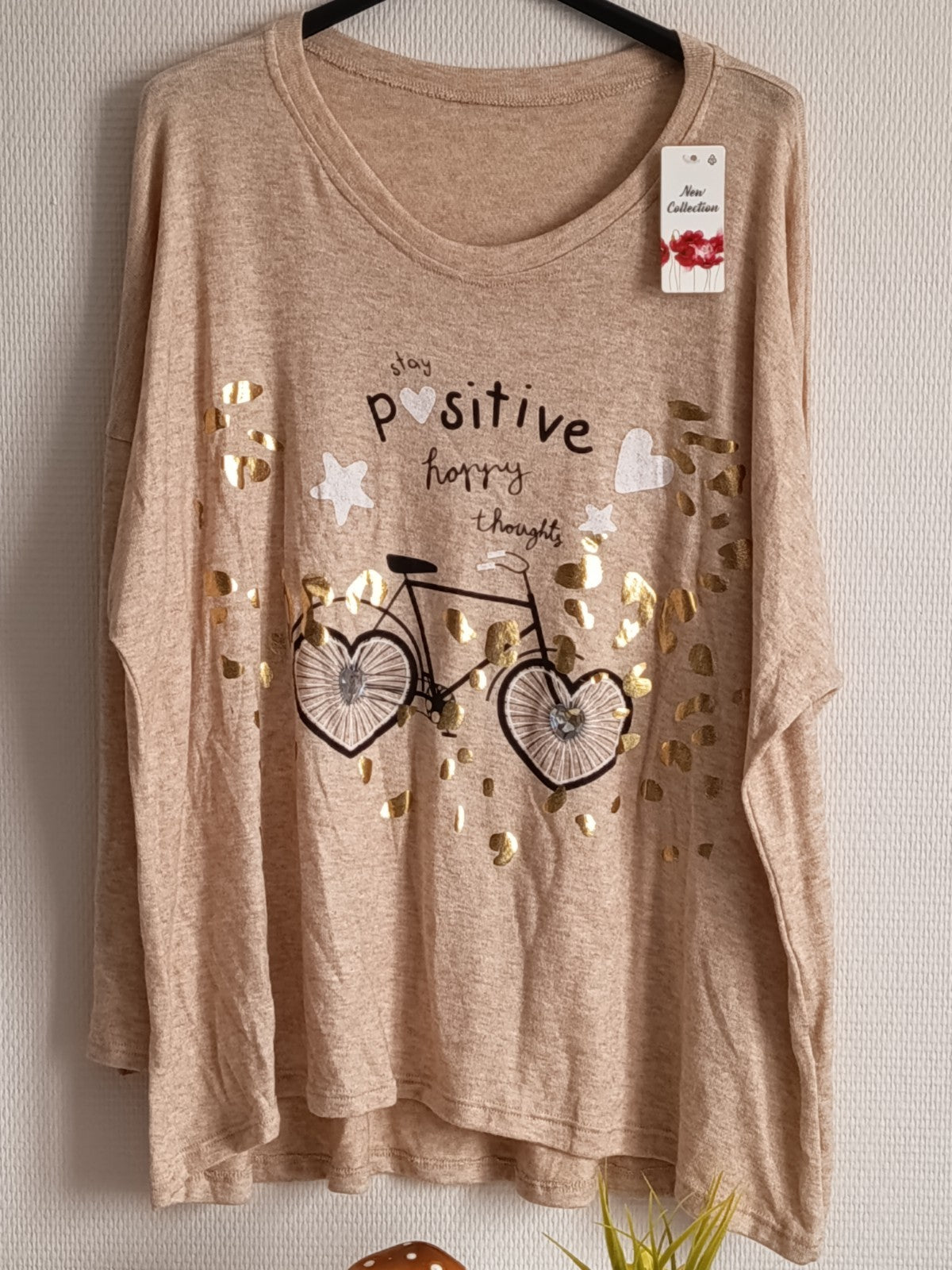 Pull fin avec 30% de laine, beige chiné, avec imprimé vélo, taille 54/56