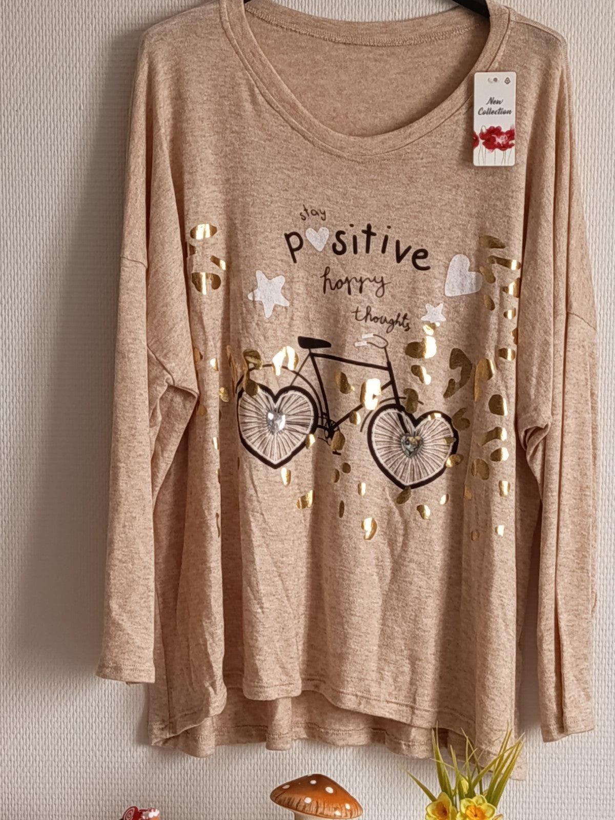 Pull fin avec 30% de laine, beige chiné, avec imprimé vélo, taille 54/56