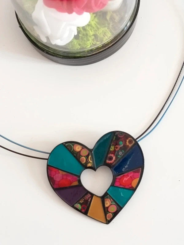 Collier avec pendentif coeur multicolore, effet patchwork, sans nickel, n° 2