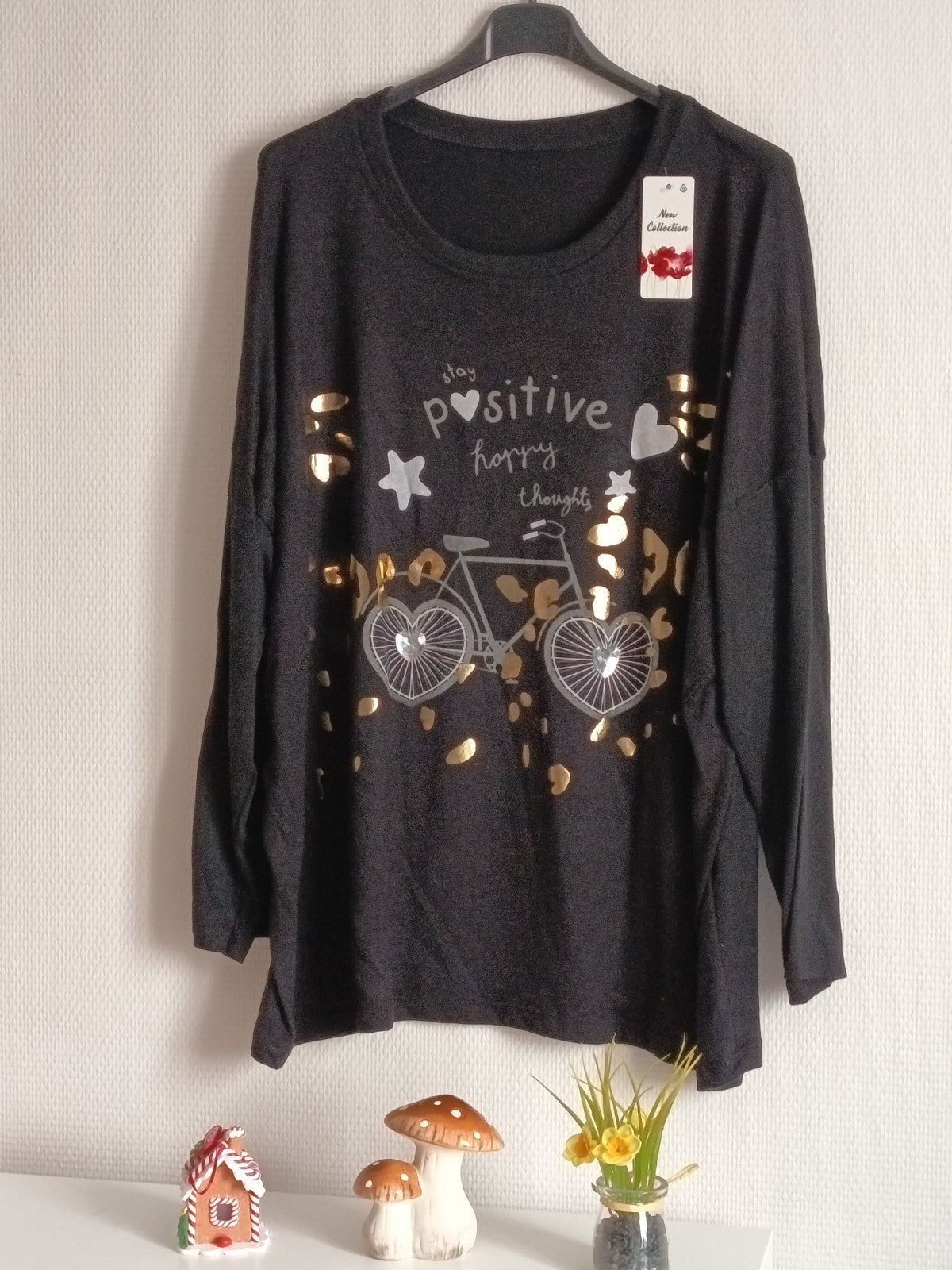 Pull fin noir, en coton et laine, avec imprimés vélo + coeur, taille 54/56