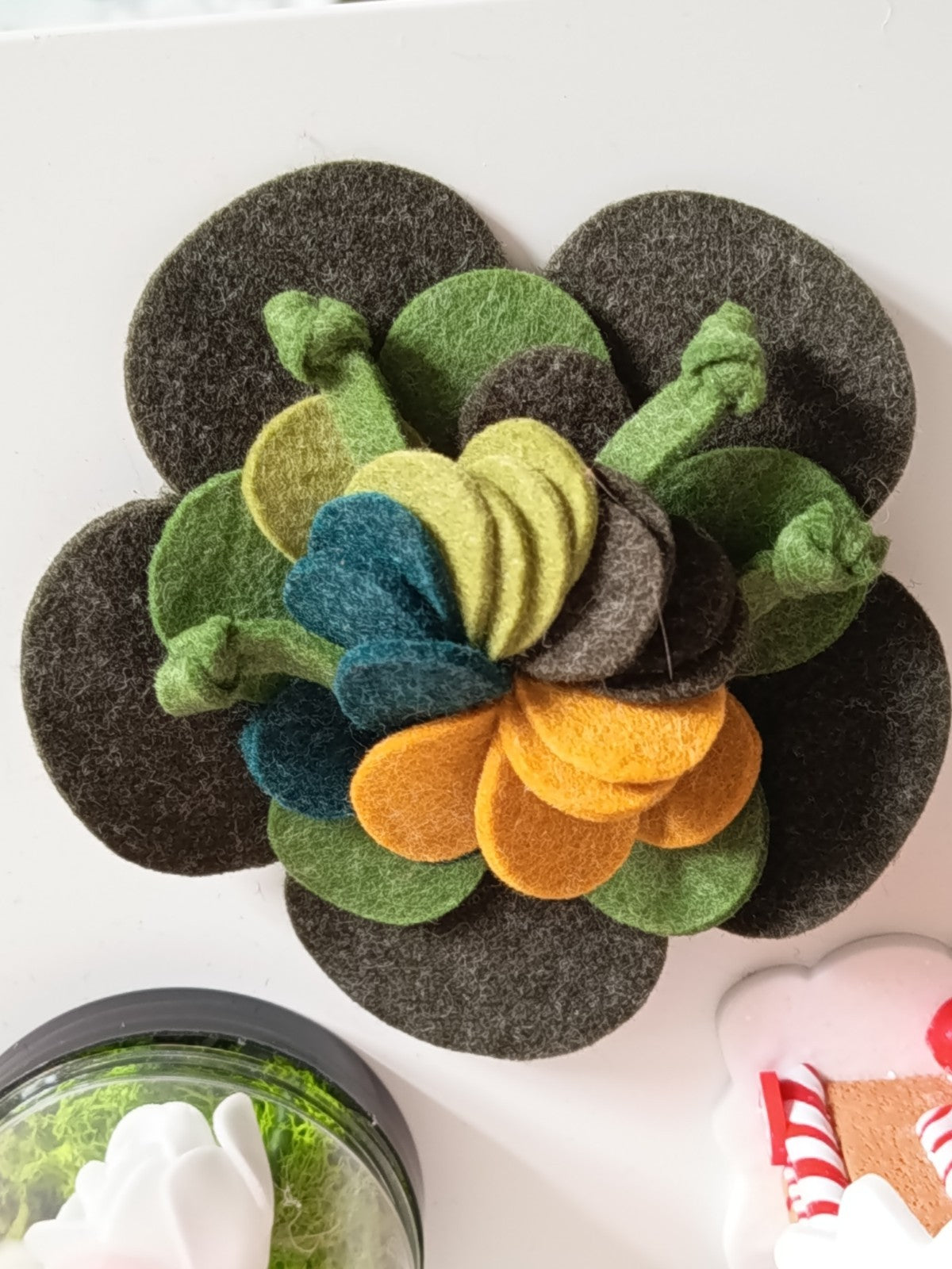 🌺🍃Broche Fleur Artisanale en Feutrine - Nuances de Vert & Moutarde🍃🌺