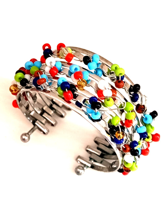 ✨🌺Bracelet Manchette "Arlequin" – Multi-rangs de Perles de Rocaille et Métal Argenté