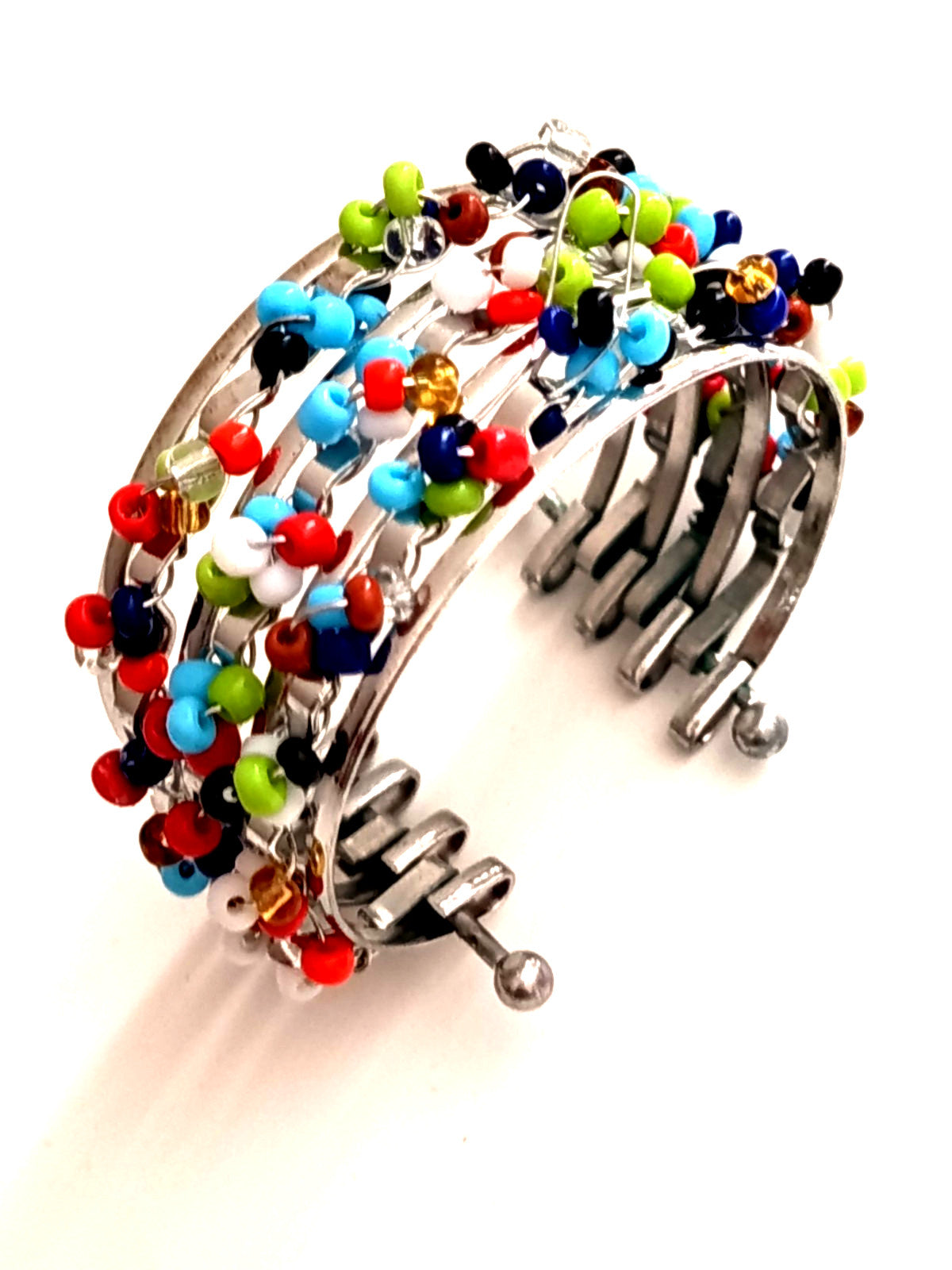 ✨🌺Bracelet Manchette "Arlequin" – Multi-rangs de Perles de Rocaille et Métal Argenté
