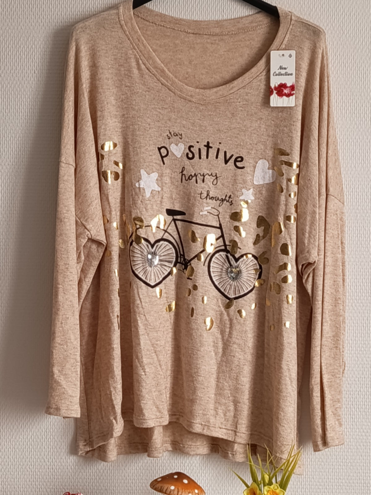 Pull fin avec 30% de laine, beige chiné, avec imprimé vélo, taille 54/56