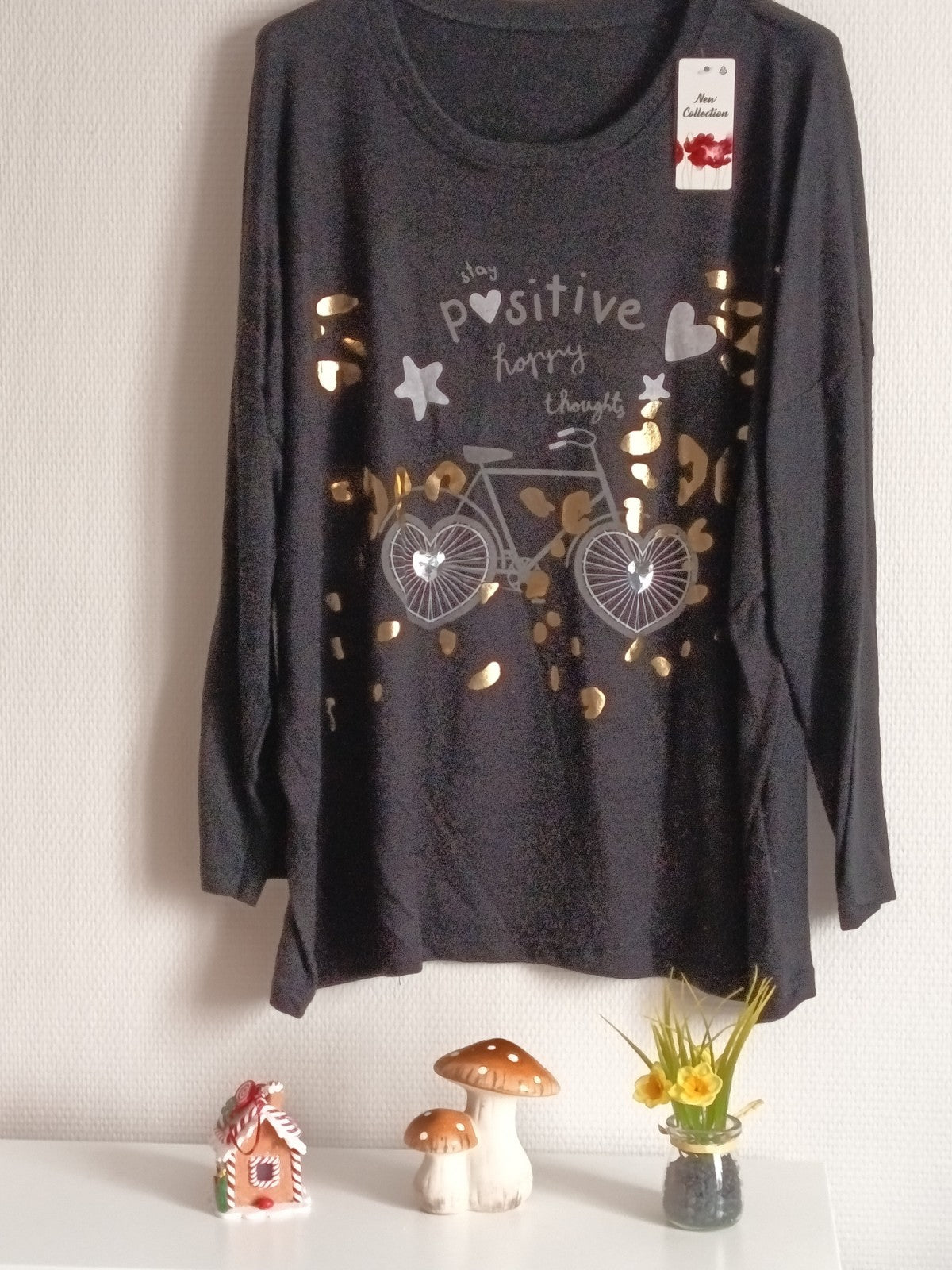 Pull fin noir, en coton et laine, avec imprimés vélo + coeur, taille 54/56