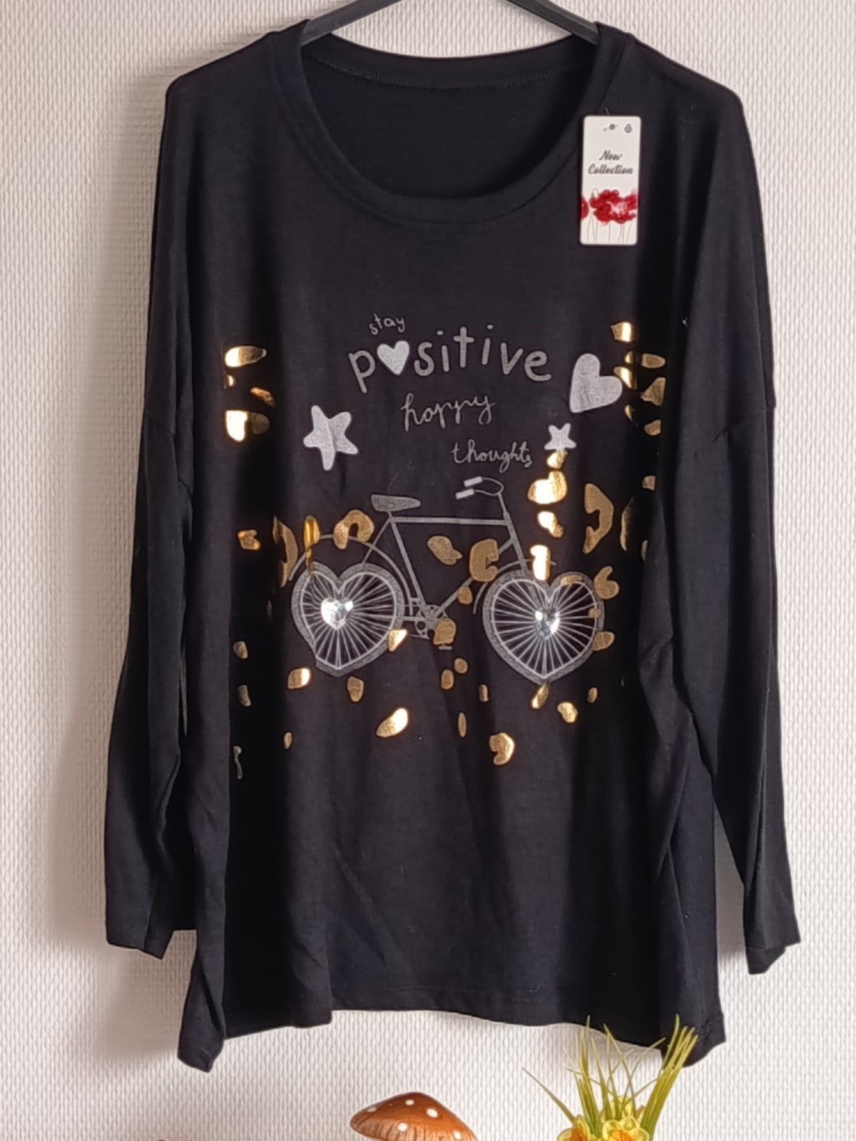 Pull fin noir, en coton et laine, avec imprimés vélo + coeur, taille 54/56