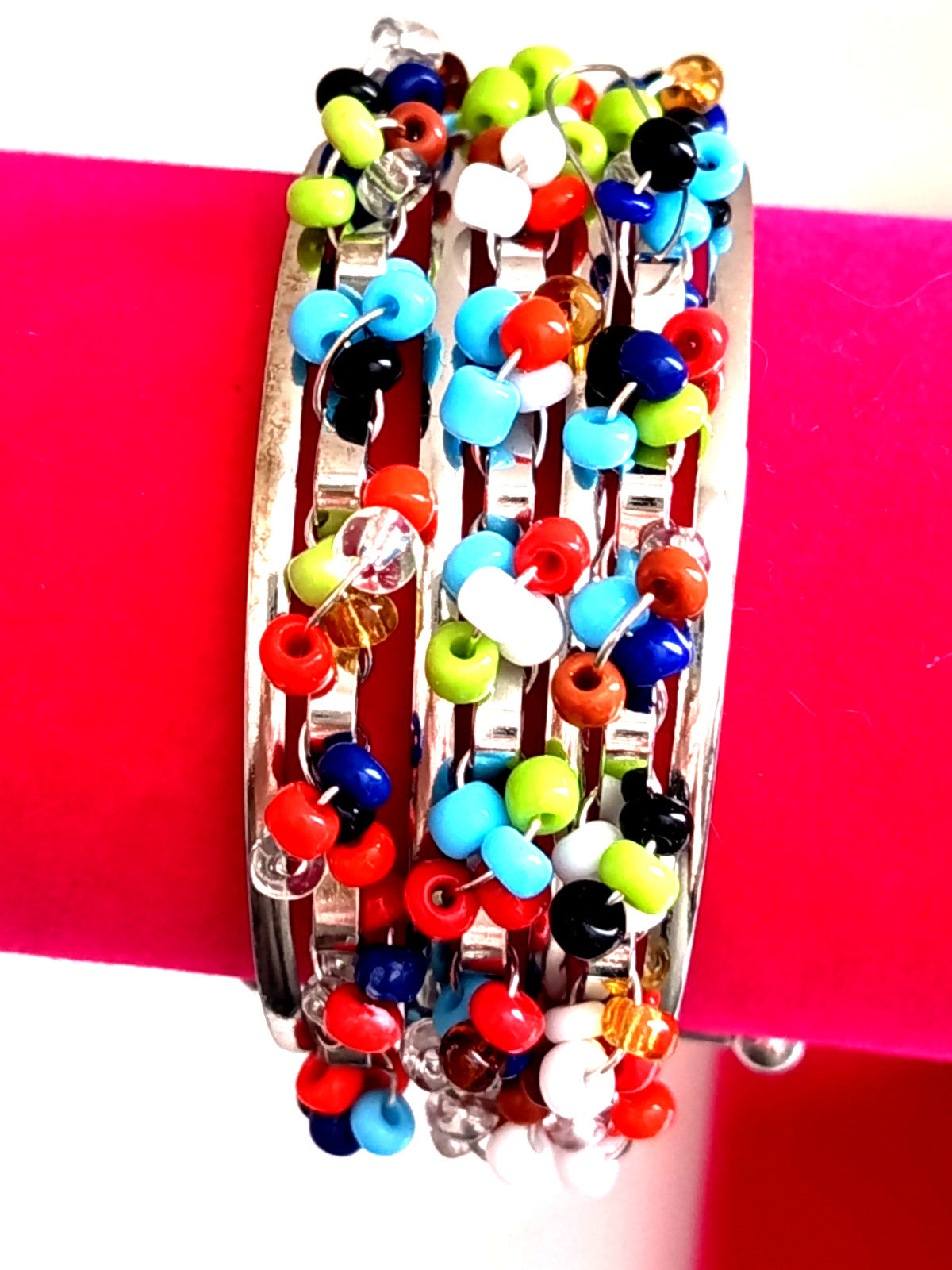 ✨🌺Bracelet Manchette "Arlequin" – Multi-rangs de Perles de Rocaille et Métal Argenté