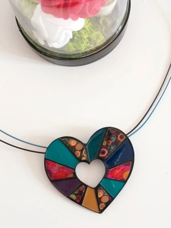 Collier avec pendentif coeur multicolore, effet patchwork, sans nickel, n° 2