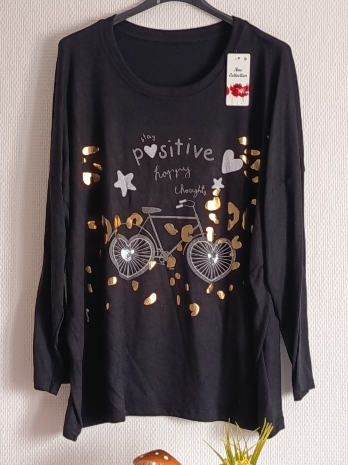 Pull fin noir, en coton et laine, avec imprimés vélo + coeur, taille 54/56