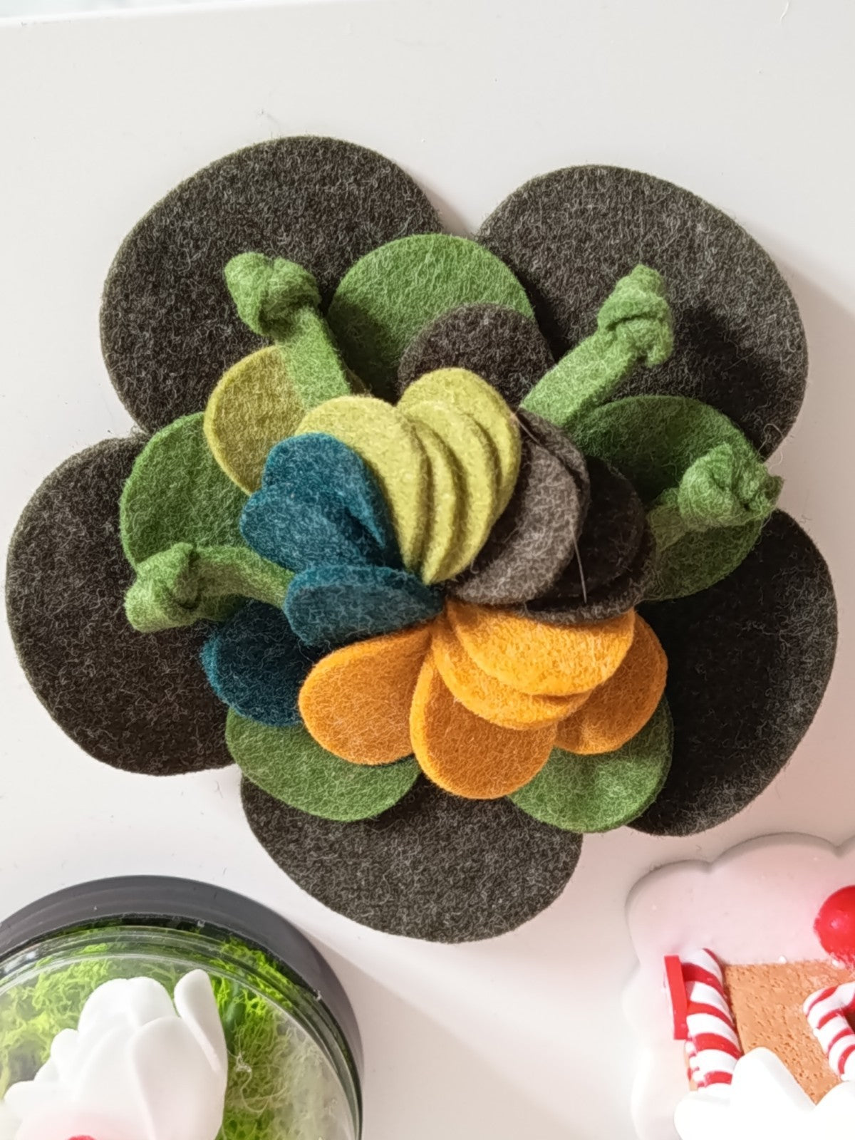 🌺🍃Broche Fleur Artisanale en Feutrine - Nuances de Vert & Moutarde🍃🌺