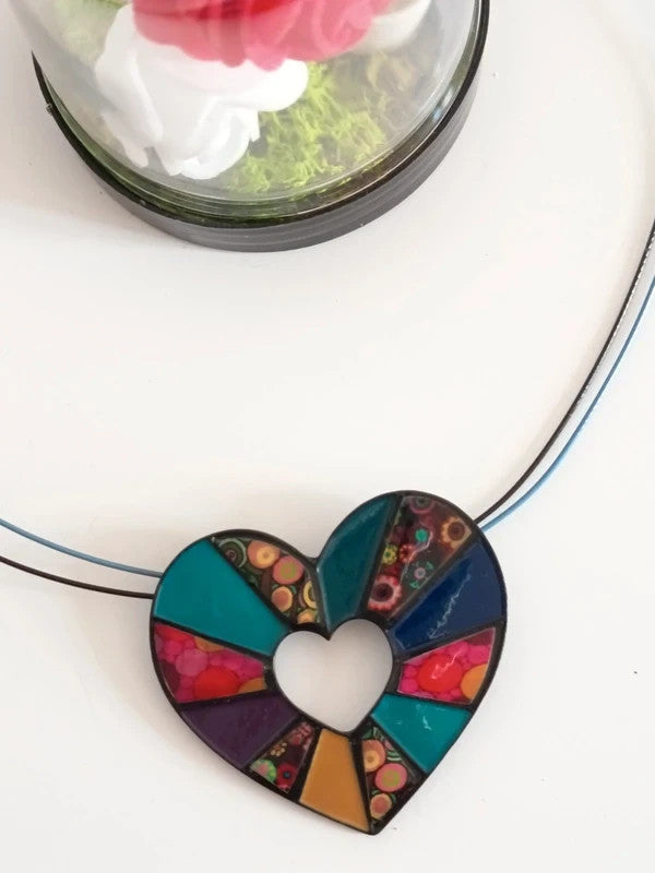 Collier avec pendentif coeur multicolore, effet patchwork, sans nickel, n° 2