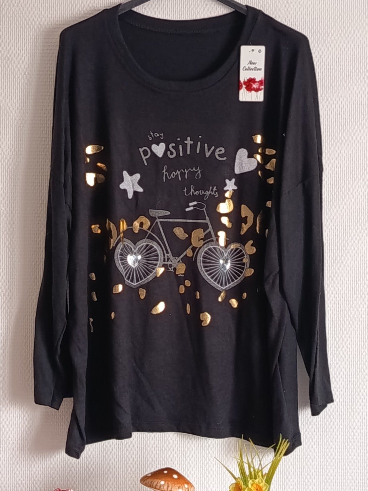 Pull fin noir, en coton et laine, avec imprimés vélo + coeur, taille 54/56