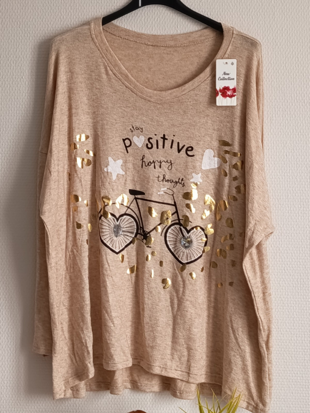 Pull fin avec 30% de laine, beige chiné, avec imprimé vélo, taille 54/56