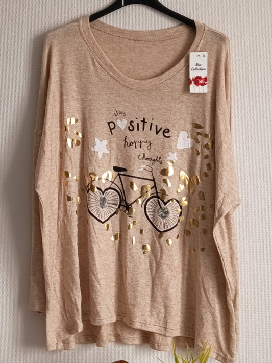Pull fin avec 30% de laine, beige chiné, avec imprimé vélo, taille 54/56