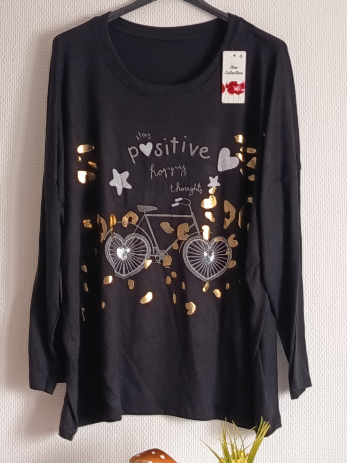 Pull fin noir, en coton et laine, avec imprimés vélo + coeur, taille 54/56