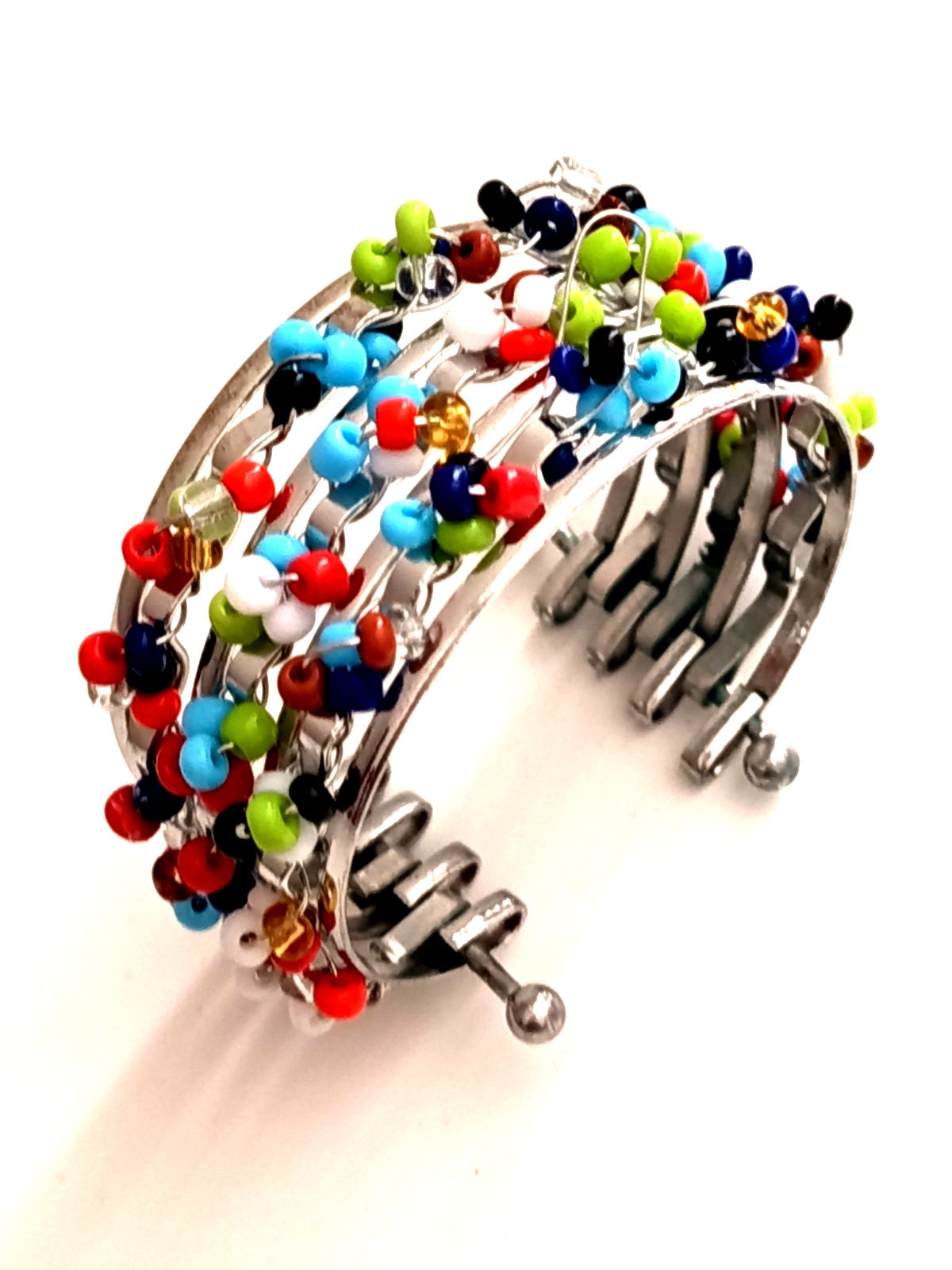 ✨🌺Bracelet Manchette "Arlequin" – Multi-rangs de Perles de Rocaille et Métal Argenté