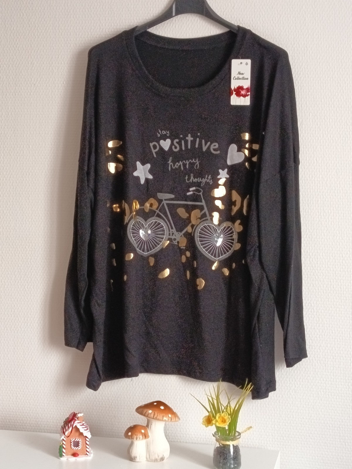 Pull fin noir, en coton et laine, avec imprimés vélo + coeur, taille 54/56
