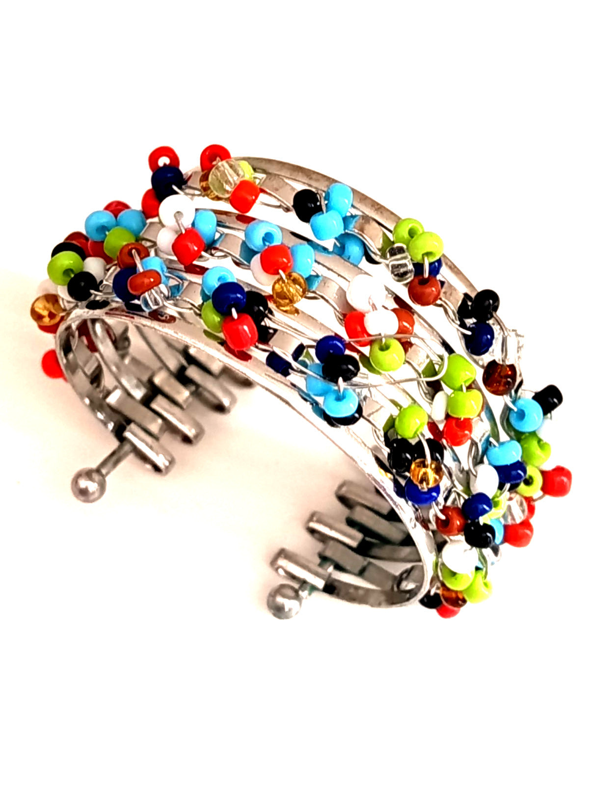 ✨🌺Bracelet Manchette "Arlequin" – Multi-rangs de Perles de Rocaille et Métal Argenté