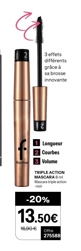 Mascara triple action, 3 en 1, Flormar