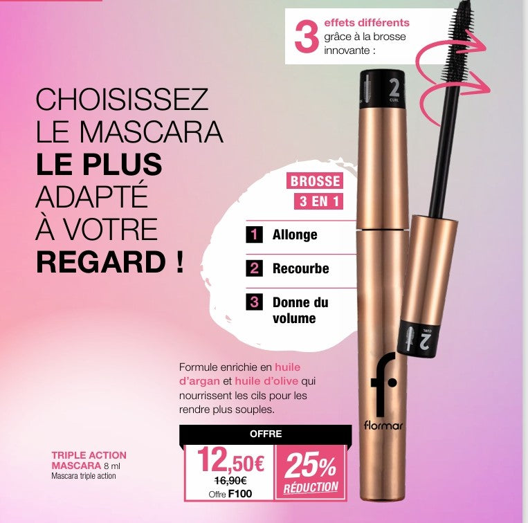 Mascara triple action, 3 en 1, Flormar